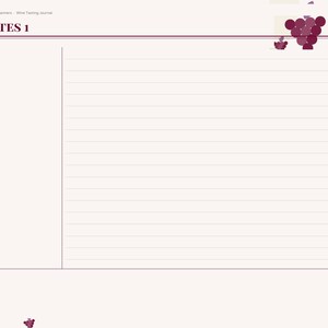 May include: A wine tasting journal page with a light cream background and dark purple accents. The header reads NOTES 1. A vertical sidebar lists Index, Tasting, Aroma, Cellar, Winery, Pairing, and Notes. A large lined area is provided.