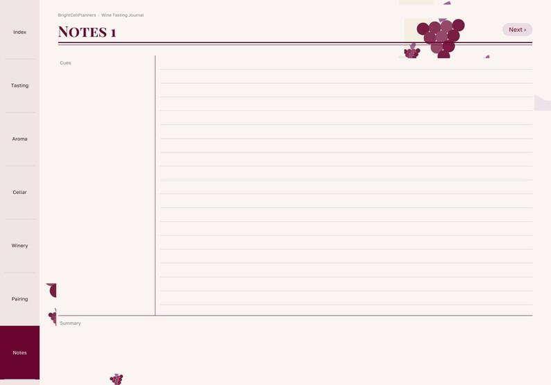 May include: A wine tasting journal page with a light cream background and dark purple accents. The header reads NOTES 1. A vertical sidebar lists Index, Tasting, Aroma, Cellar, Winery, Pairing, and Notes. A large lined area is provided.