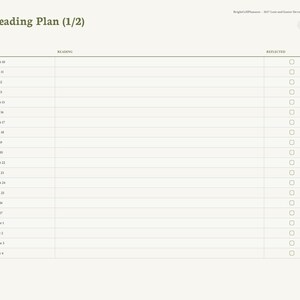 Puede incluir: Una p&aacute;gina digital de plan de lectura de 40 d&iacute;as (1/2) de un diario devocional de Cuaresma y Pascua de BrightCellPlanners. El dise&ntilde;o incluye columnas para d&iacute;a, fecha, lectura y reflexi&oacute;n con casillas de verificaci&oacute;n y un men&uacute; lateral.