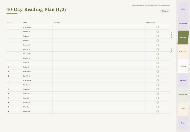 Puede incluir: Una p&aacute;gina digital de plan de lectura de 40 d&iacute;as (1/2) de un diario devocional de Cuaresma y Pascua de BrightCellPlanners. El dise&ntilde;o incluye columnas para d&iacute;a, fecha, lectura y reflexi&oacute;n con casillas de verificaci&oacute;n y un men&uacute; lateral.