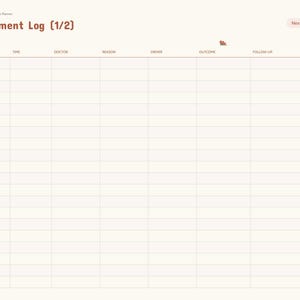 May include: A digital appointment log planner page with a cream background and brown text. The header reads Appointment Log (1/2). It features a grid with columns for date, time, doctor, reason, driver, outcome, and follow-up. A navigation sidebar lists index, profile, medication, appointments, care team, self-care, expenses, and notes.