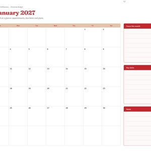 Peut inclure: Une page de planificateur num&eacute;rique pour janvier 2027 avec une grille de calendrier mensuel, une barre lat&eacute;rale avec des onglets de navigation et trois sections distinctes &agrave; droite intitul&eacute;es Focus this month, Key dates et Notes, le tout accentu&eacute; en rouge.