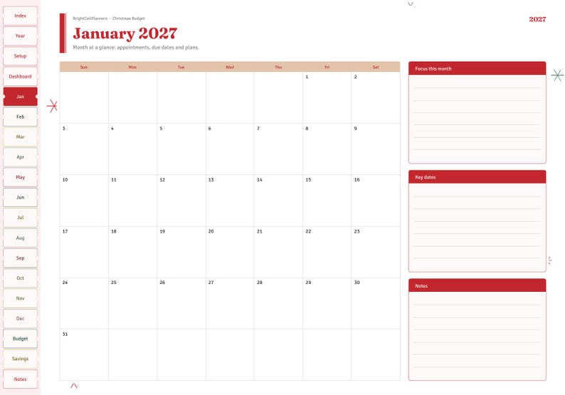 Peut inclure: Une page de planificateur num&eacute;rique pour janvier 2027 avec une grille de calendrier mensuel, une barre lat&eacute;rale avec des onglets de navigation et trois sections distinctes &agrave; droite intitul&eacute;es Focus this month, Key dates et Notes, le tout accentu&eacute; en rouge.