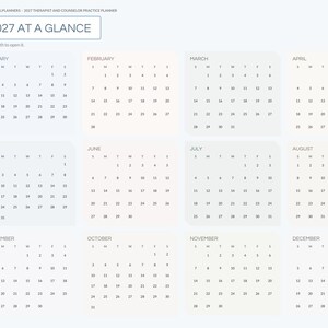 May include: A digital 2027 annual calendar planner interface titled 2027 AT A GLANCE. The layout features twelve monthly grids arranged in a four-by-three grid, with a vertical navigation sidebar on the left containing tabs for index, year, practice, and various months.
