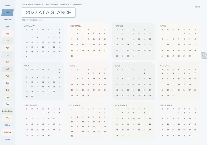May include: A digital 2027 annual calendar planner interface titled 2027 AT A GLANCE. The layout features twelve monthly grids arranged in a four-by-three grid, with a vertical navigation sidebar on the left containing tabs for index, year, practice, and various months.