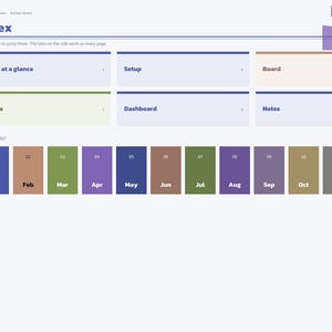 May include: A digital planner index page for 2027 featuring a sidebar with navigation tabs and a main area with rectangular tiles labeled Year at a glance, Setup, Board, Tasks, Dashboard, and Notes, plus a row of twelve monthly color-coded buttons.