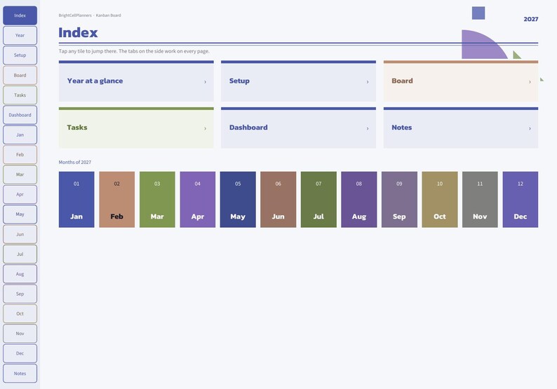 May include: A digital planner index page for 2027 featuring a sidebar with navigation tabs and a main area with rectangular tiles labeled Year at a glance, Setup, Board, Tasks, Dashboard, and Notes, plus a row of twelve monthly color-coded buttons.