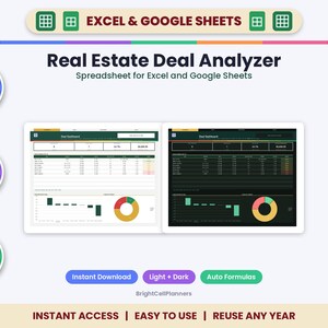 May include: A digital Real Estate Deal Analyzer spreadsheet for Excel and Google Sheets. The interface displays a dashboard with financial data, tables, and charts in both light and dark modes. Includes labels for auto formulas, fully editable fields, and compatibility with Mac, PC, and mobile devices.