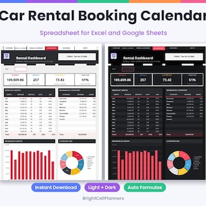 May include: A Car Rental Booking Calendar spreadsheet for Excel and Google Sheets featuring two dashboard views in light and dark modes. The interface displays rental metrics, revenue tables, bar charts, and pie charts for fleet analysis.