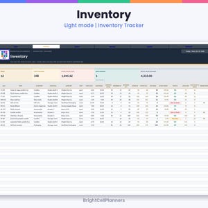 May include: A digital inventory tracker spreadsheet titled Inventory with light mode interface. The dashboard displays metrics including items, units on hand, stock value, and total value. Columns list item details, costs, and stock status.