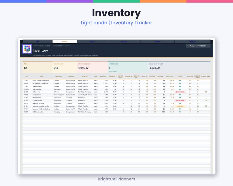 May include: A digital inventory tracker spreadsheet titled Inventory with light mode interface. The dashboard displays metrics including items, units on hand, stock value, and total value. Columns list item details, costs, and stock status.