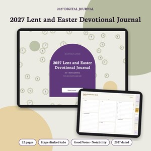 Puede incluir: Un diario digital de devoci&oacute;n de Cuaresma y Pascua 2027 en dos tabletas. La pantalla principal muestra un arco morado con el t&iacute;tulo y el texto 'Forty days toward the empty tomb'. La segunda pantalla muestra una p&aacute;gina de reflexi&oacute;n diaria.