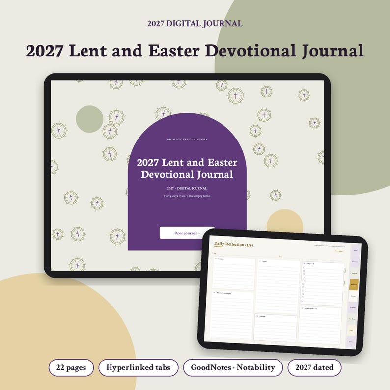 Puede incluir: Un diario digital de devoci&oacute;n de Cuaresma y Pascua 2027 en dos tabletas. La pantalla principal muestra un arco morado con el t&iacute;tulo y el texto 'Forty days toward the empty tomb'. La segunda pantalla muestra una p&aacute;gina de reflexi&oacute;n diaria.