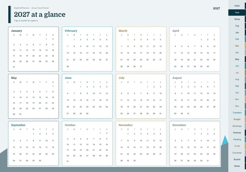 Puede incluir: Un planificador digital 2027 con vista anual que presenta doce cuadr&iacute;culas mensuales con bordes punteados. El dise&ntilde;o incluye un men&uacute; de navegaci&oacute;n lateral con pesta&ntilde;as para &iacute;ndice, a&ntilde;o, configuraci&oacute;n, viaje, viajeros, presupuesto y reservas.