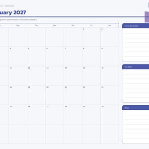 May include: A digital planner page for January 2027 featuring a monthly calendar grid, a sidebar with navigation tabs, and three distinct sections on the right labeled Focus this month, Key dates, and Notes with purple headers.