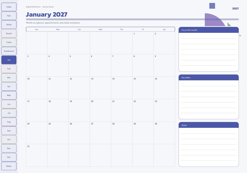 May include: A digital planner page for January 2027 featuring a monthly calendar grid, a sidebar with navigation tabs, and three distinct sections on the right labeled Focus this month, Key dates, and Notes with purple headers.
