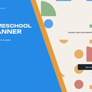 May include: A digital homeschool planner interface featuring a blue left panel with the text BRIGHTCELLPLANNERS, HOMESCHOOL PLANNER, and UNDATED - DIGITAL PLANNER. The right side has a cream background with geometric shapes and the text Open planner.