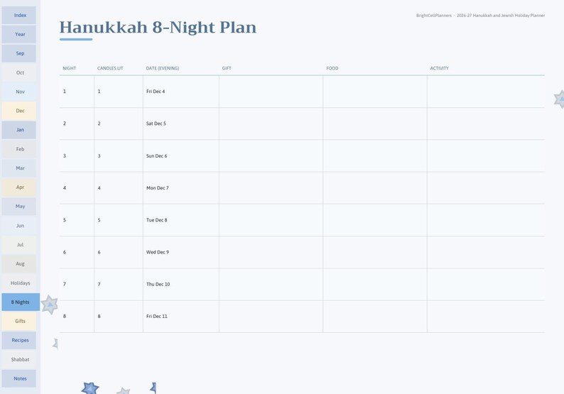 May include: A digital Hanukkah 8-Night Plan planner page with a blue and white color scheme. The table includes columns for night, candles lit, date, gift, food, and activity. The text reads Hanukkah 8-Night Plan and BrightCellPlanners.