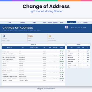 May include: A digital Change of Address moving planner in light mode. The interface displays a dashboard with a list of entities to notify, including bank, credit card, and employer, with columns for type, account notes, and status updates.