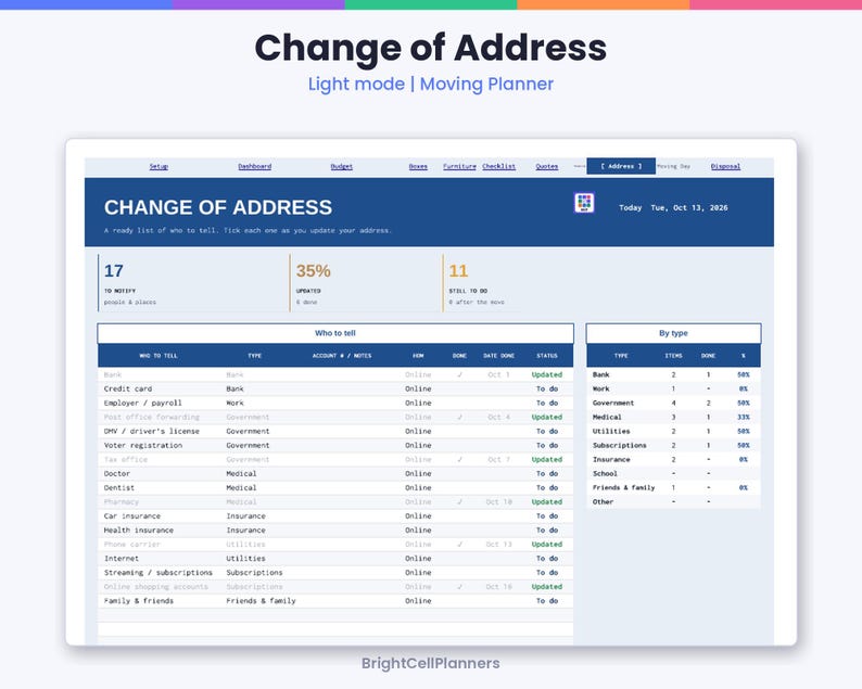 May include: A digital Change of Address moving planner in light mode. The interface displays a dashboard with a list of entities to notify, including bank, credit card, and employer, with columns for type, account notes, and status updates.