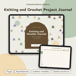 Puede incluir: Un diario digital de proyectos de tejido y ganchillo en dos tabletas. La pantalla muestra un arco marr&oacute;n con el texto Knitting and Crochet Journal, Undated Digital Journal y una p&aacute;gina de inventario de hilo con 19 p&aacute;ginas.