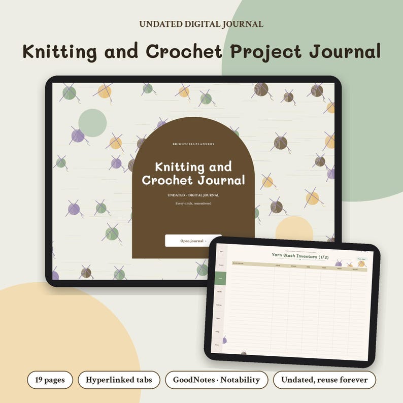 Puede incluir: Un diario digital de proyectos de tejido y ganchillo en dos tabletas. La pantalla muestra un arco marr&oacute;n con el texto Knitting and Crochet Journal, Undated Digital Journal y una p&aacute;gina de inventario de hilo con 19 p&aacute;ginas.
