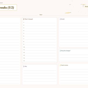 May include: A digital baking journal page titled Recipe Tweaks (1/2) with sections for Original recipe, What I changed, Result, Why, Keep the change?, and Final version. The layout includes lined fields, a date line, and a side navigation bar.