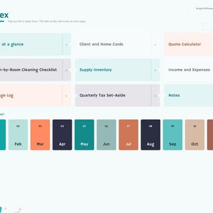 May include: A digital planner index page titled Index with navigation tabs on the left. It features rectangular buttons for 2027 at a glance, Client and Home Cards, Quote Calculator, Room-by-Room Cleaning Checklist, Supply Inventory, Income and Expenses, Mileage Log, Quarterly Tax Set-Aside, and Notes. Twelve monthly buttons are displayed below.