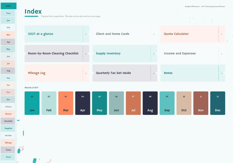 May include: A digital planner index page titled Index with navigation tabs on the left. It features rectangular buttons for 2027 at a glance, Client and Home Cards, Quote Calculator, Room-by-Room Cleaning Checklist, Supply Inventory, Income and Expenses, Mileage Log, Quarterly Tax Set-Aside, and Notes. Twelve monthly buttons are displayed below.