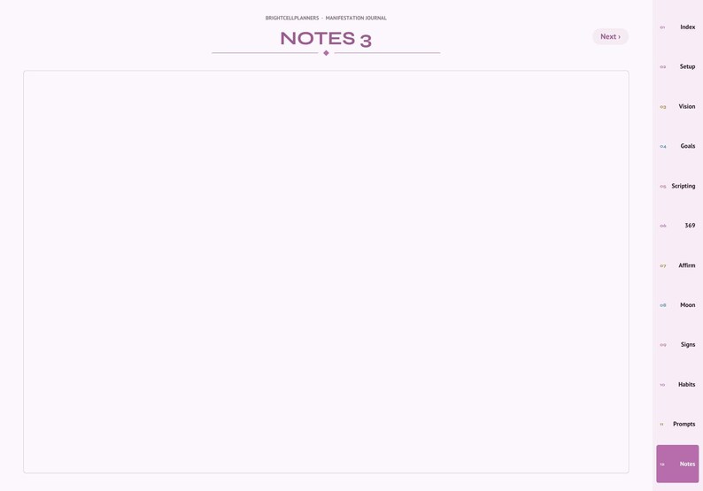 May include: A digital planner page titled NOTES 3 with a large blank white rectangular area for writing. The sidebar features navigation tabs labeled Index, Setup, Vision, Goals, Scripting, 369, Affirm, Moon, Signs, Habits, Prompts, and Notes.