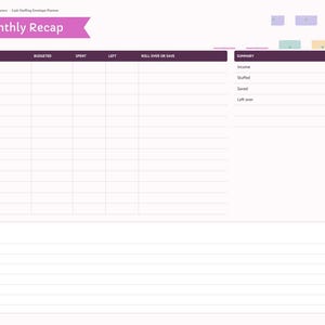 May include: A digital monthly recap planner page with a pink header labeled Monthly Recap. It features a table for envelope budgeting with columns for Envelope, Budgeted, Spent, Left, and Roll Over or Save, plus a summary table and a notes section.