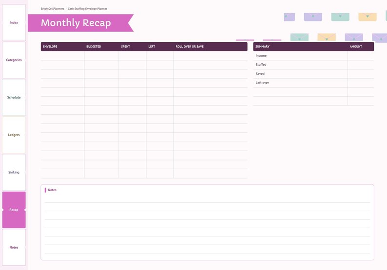 May include: A digital monthly recap planner page with a pink header labeled Monthly Recap. It features a table for envelope budgeting with columns for Envelope, Budgeted, Spent, Left, and Roll Over or Save, plus a summary table and a notes section.