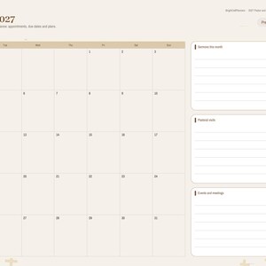 K&ouml;nnte beinhalten: Eine digitale Planerseite f&uuml;r Januar 2027 mit einem monatlichen Kalenderraster, einer Seitenleiste mit Navigationsreitern und drei linierten Abschnitten mit den Bezeichnungen Sermons this month, Pastoral visits und Events and meetings.