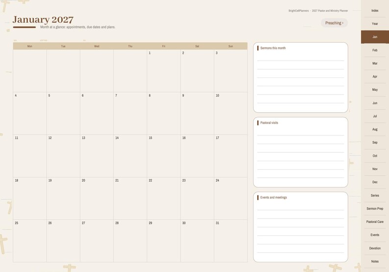 K&ouml;nnte beinhalten: Eine digitale Planerseite f&uuml;r Januar 2027 mit einem monatlichen Kalenderraster, einer Seitenleiste mit Navigationsreitern und drei linierten Abschnitten mit den Bezeichnungen Sermons this month, Pastoral visits und Events and meetings.