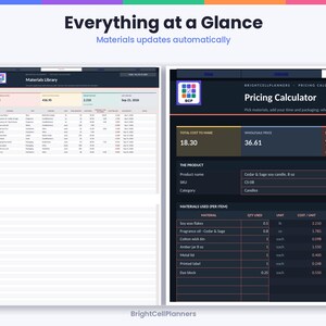 May include: A digital interface titled Everything at a Glance featuring a Materials Library table on the left and a Pricing Calculator on the right. The dark-themed dashboard displays product data, material costs, and wholesale pricing calculations.