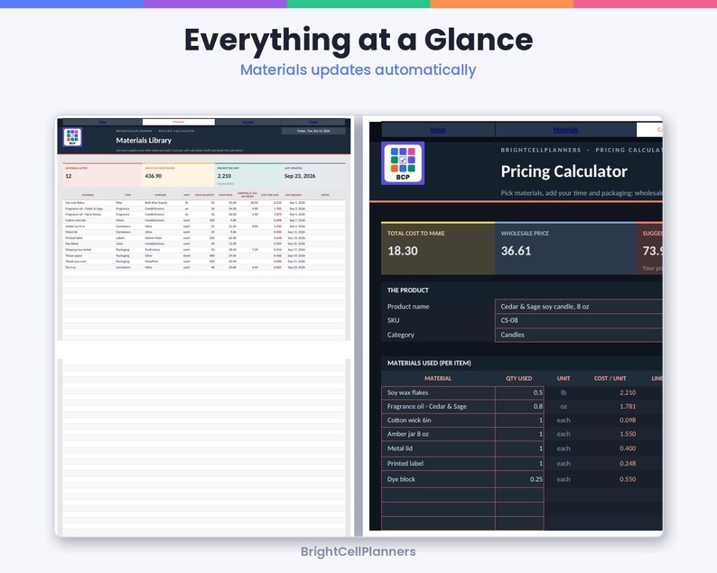 May include: A digital interface titled Everything at a Glance featuring a Materials Library table on the left and a Pricing Calculator on the right. The dark-themed dashboard displays product data, material costs, and wholesale pricing calculations.