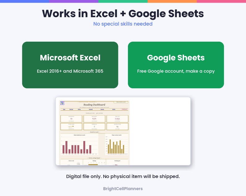 May include: A digital reading dashboard template compatible with Microsoft Excel 2016+, Microsoft 365, and Google Sheets. The graphic displays a data-tracking interface with charts, graphs, and numerical metrics, labeled BrightCellPlanners.