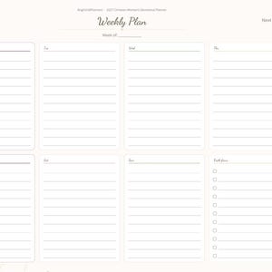 May include: A digital weekly planner page titled Weekly Plan with a blank line for the date. It features eight sections for days of the week and a faith focus list with checkboxes. A vertical navigation tab menu is on the right side.