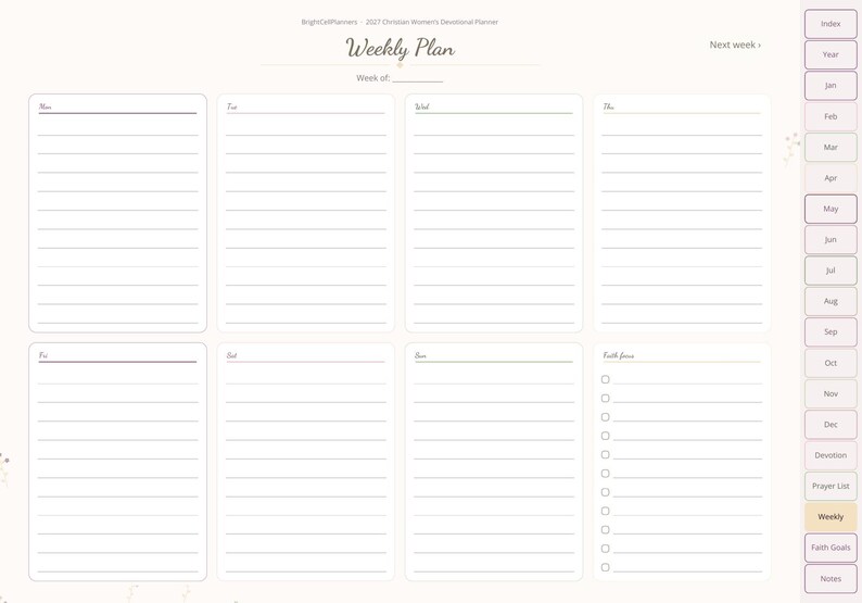 May include: A digital weekly planner page titled Weekly Plan with a blank line for the date. It features eight sections for days of the week and a faith focus list with checkboxes. A vertical navigation tab menu is on the right side.