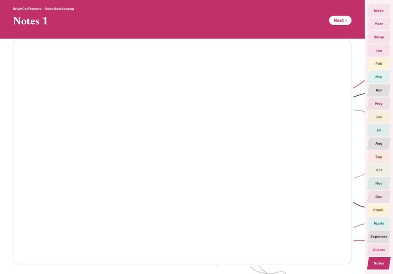 Puede incluir: Una p&aacute;gina de planificador digital titulada Notes 1 con un encabezado magenta y un &aacute;rea de escritura central blanca. Una barra lateral vertical a la derecha presenta pesta&ntilde;as de colores etiquetadas como Index, Year, Setup, meses de Jan a Dec, PondL, Appts, Expenses, Clients y Notes.