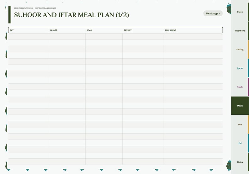 May include: A digital planner page titled Suhoor and Iftar Meal Plan (1/2) with a table featuring columns for Day, Suhoor, Iftar, Dessert, and Prep Ahead. The right side displays a vertical navigation tab labeled Meals in dark green.