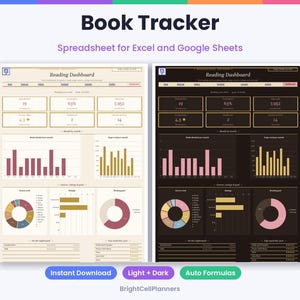 May include: A digital book tracker spreadsheet for Excel and Google Sheets featuring two reading dashboard layouts in light and dark themes. The interface displays data charts, bar graphs, pie charts, and reading statistics with text labels including Book Tracker and Reading Dashboard.