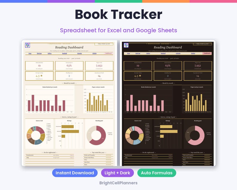 May include: A digital book tracker spreadsheet for Excel and Google Sheets featuring two reading dashboard layouts in light and dark themes. The interface displays data charts, bar graphs, pie charts, and reading statistics with text labels including Book Tracker and Reading Dashboard.