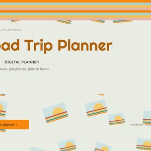 K&ouml;nnte beinhalten: Ein digitaler Road Trip Planner von Brightcellplanners mit hellcremefarbenem Hintergrund. Der Text lautet Road Trip Planner, Undated, Digital Planner, Windows down, playlist on, plan in hand und Open planner. Enth&auml;lt Sonnenuntergangs-Symbole.