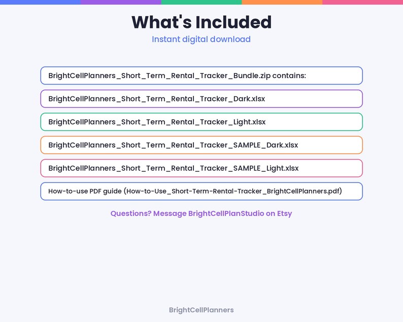 K&ouml;nnte beinhalten: Eine digitale Download-Liste mit dem Titel What's Included, die BrightCellPlanners_Short_Term_Rental_Tracker_Bundle.zip enth&auml;lt, mit vier Excel-Dateien in dunklen und hellen Versionen sowie einer PDF-Anleitung zur Nutzung.