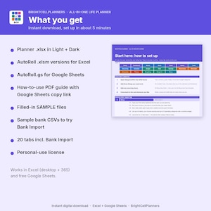 May include: A digital life planner product listing titled What you get, featuring a purple background with a list of included files like Planner .xlsx, AutoRoll .xlsm, and a setup guide. A preview image shows a Start here: how to set up spreadsheet.
