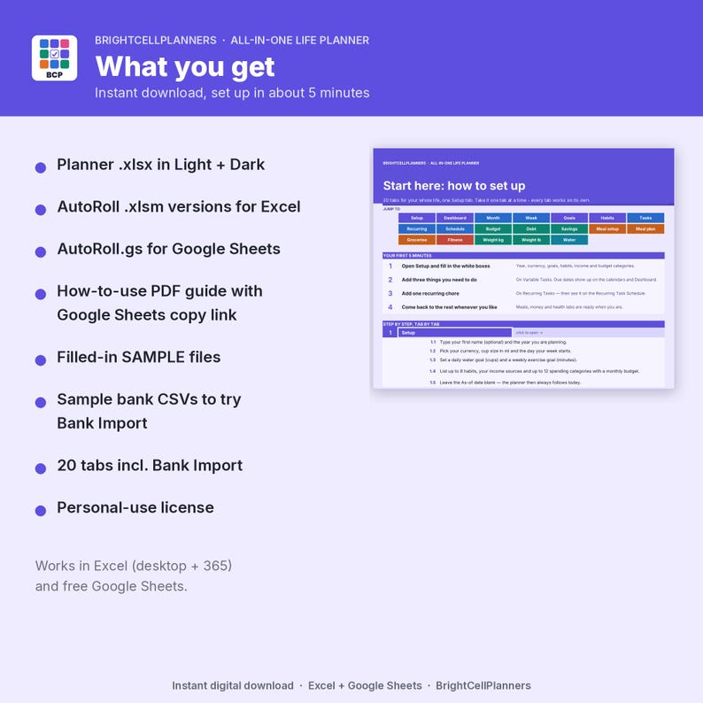 May include: A digital life planner product listing titled What you get, featuring a purple background with a list of included files like Planner .xlsx, AutoRoll .xlsm, and a setup guide. A preview image shows a Start here: how to set up spreadsheet.