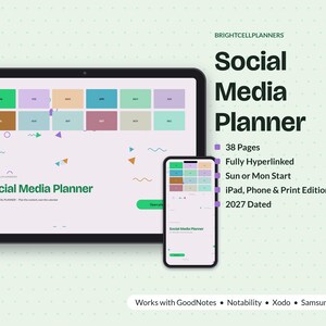 Puede incluir: Un planificador digital de redes sociales en una tableta y un tel&eacute;fono inteligente. La interfaz muestra un calendario de 2027 con bloques mensuales coloridos, el texto Social Media Planner, 38 p&aacute;ginas, hiperv&iacute;nculos y notas de compatibilidad.