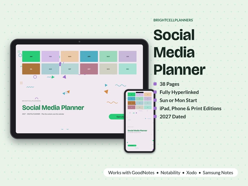 Puede incluir: Un planificador digital de redes sociales en una tableta y un tel&eacute;fono inteligente. La interfaz muestra un calendario de 2027 con bloques mensuales coloridos, el texto Social Media Planner, 38 p&aacute;ginas, hiperv&iacute;nculos y notas de compatibilidad.
