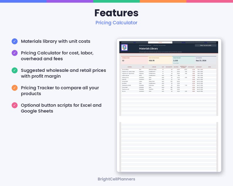 May include: A digital pricing calculator interface titled Features Pricing Calculator. The layout includes a list of five bullet points detailing tools for materials, labor, overhead, fees, and profit margins, alongside a spreadsheet view.